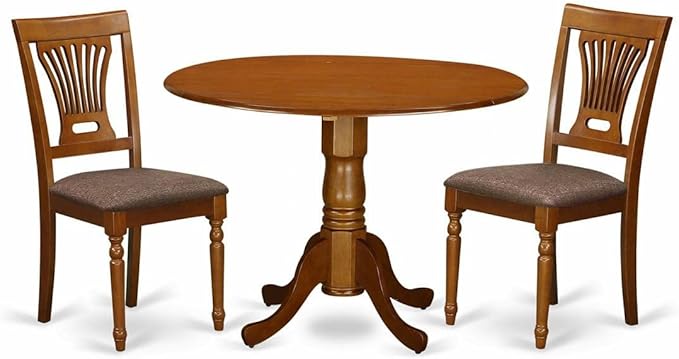 East West Furniture Dublin 3 Piece Room Set Contains a Round Kitchen Table with Dropleaf and 2 Linen Fabric Upholstered Dining Chairs, 42x42 Inch, Saddle Brown - LeafyLoom
