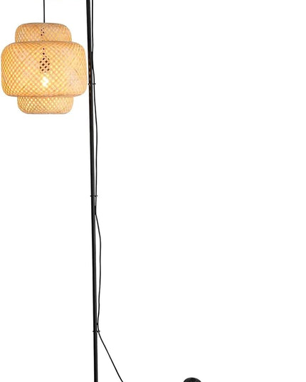 Rattan Floor Lamps-Bamboo 62inch Tall Standing Lighting Wicker Lantern Hanging Lamp E26 Fixture with Wooden Holder Industrial Metal Black Floor Lights for Living Room,Dinner Room - LeafyLoom