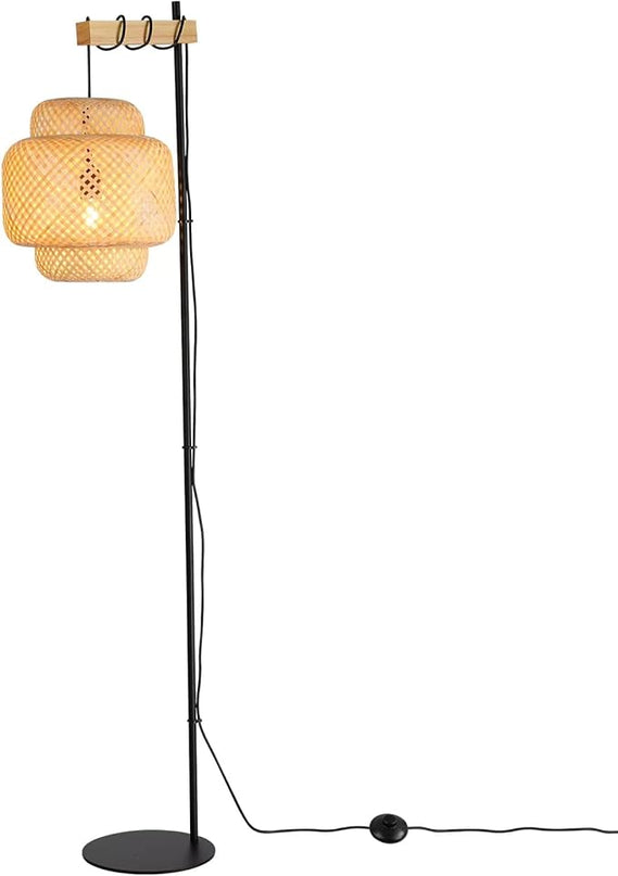 Rattan Floor Lamps-Bamboo 62inch Tall Standing Lighting Wicker Lantern Hanging Lamp E26 Fixture with Wooden Holder Industrial Metal Black Floor Lights for Living Room,Dinner Room - LeafyLoom