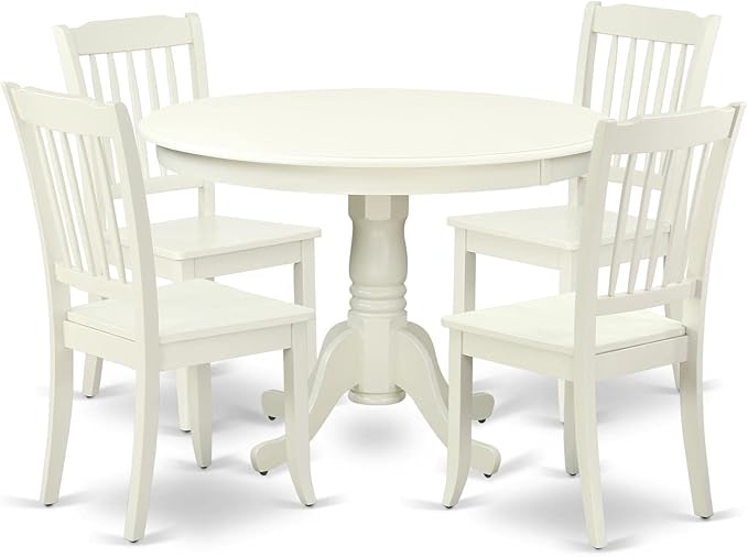 East West Furniture HLDA5-LWH-W 5 Piece Dining Room Table Set Includes a Round Kitchen Table with Pedestal and 4 Dining Chairs, 42x42 Inch, Linen White - LeafyLoom