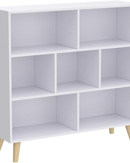 IOTXY Wooden Open Shelf Bookcase - 3-Tier Floorstanding Display Cabinet Rack with Legs, 7 Cubes Free Standing Bookshelf, Warm White - LeafyLoom