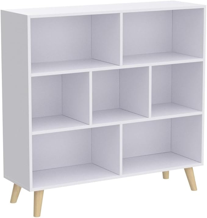 IOTXY Wooden Open Shelf Bookcase - 3-Tier Floorstanding Display Cabinet Rack with Legs, 7 Cubes Free Standing Bookshelf, Warm White - LeafyLoom