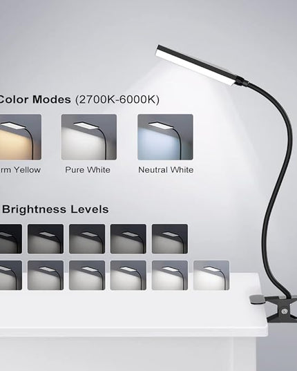 LED Desk Lamp with Clamp for Home Office, Dimmable Clip on Desk Light with USB Port, 3 Color Modes 11 Brightness Flexible Gooseneck Reading Lamp for Studying Working, Black - LeafyLoom
