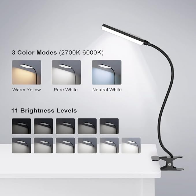 LED Desk Lamp with Clamp for Home Office, Dimmable Clip on Desk Light with USB Port, 3 Color Modes 11 Brightness Flexible Gooseneck Reading Lamp for Studying Working, Black - LeafyLoom