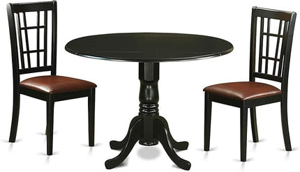 East West Furniture DLNI3-BLK-LC 3 Piece Set for Small Spaces Contains a Round Dining Room Table with Dropleaf and 2 Faux Leather Upholstered Chairs, 42x42 Inch - LeafyLoom