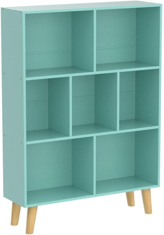 LEYAOYAO 7 Cube Bookshelf 3-Tier Bookcase with Legs, Mint-Green Kids Book Shelf Cute Storage Organizer, Toy Shelves Bookshelves,Wood Display Bookcases - LeafyLoom