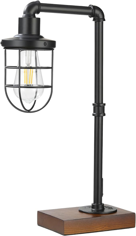 CONCA Steampunk Table Lamp, Industrial Table Lamp, E26 Base Rustic Edison Lighting, Caged Wood Base Iron Tube Table Lamp (B-Black) - LeafyLoom