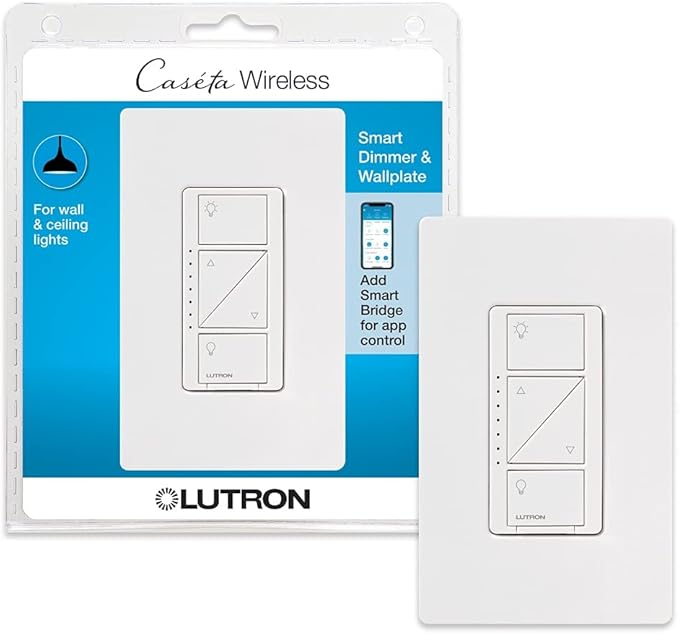 Lutron Caseta Original Smart Dimmer Switch With Wallplate (Lutron Smart Hub Required), for LED Lights, 150 Watt, Single-Pole/3-Way, No Neutral Required, PDW-6WCL-WH-A, White Lutron