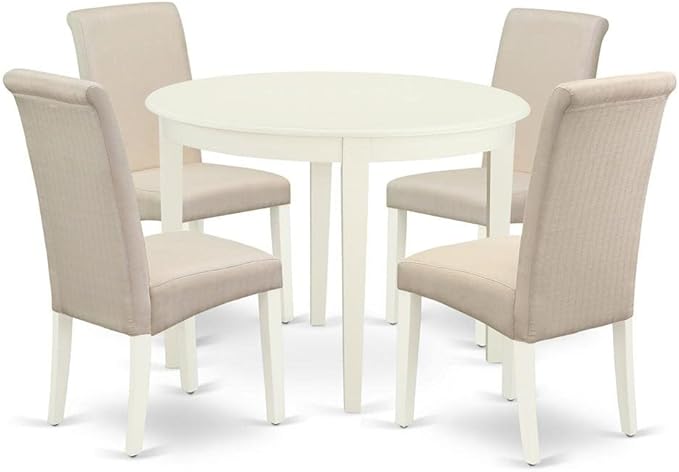 East West Furniture BOBA5-WHI-01 Boston 5 Piece Modern Set Includes a Round Kitchen Table and 4 Cream Fabric Parsons Dining Chairs, Linen White, 42x42 Inch - LeafyLoom