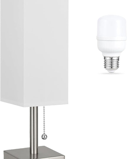 White Small Lamp for Bedroom - 3 Color Temperature 3000K 5000K 4000K Bedside Lamp, Pull Chain Control, USB A and C Charging Ports, Silver Base, for Kids Office Dorm nightstand, Bulb Included - LeafyLoom