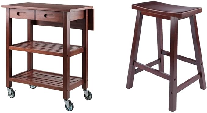 Winsome Wood Jonathan Kitchen Walnut Cart and Satori Walnut Stool - LeafyLoom
