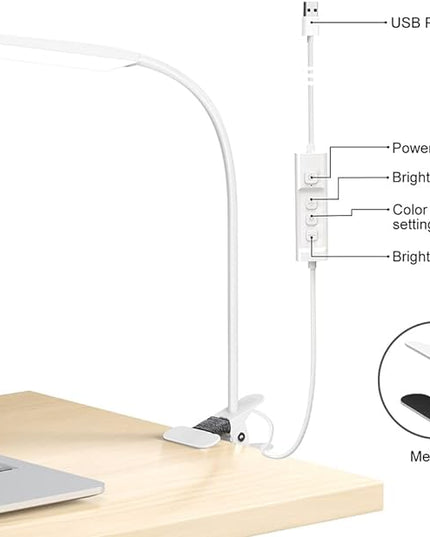 RAOYI LED Desk Lamp, 5W USB Clip on Light Eye-Caring Reading Clamp Table Lamp with 48 LEDs Flexible Gooseneck, 3 Color Modes and 14 Brightness Levels for Office Bedroom Study (White) - LeafyLoom