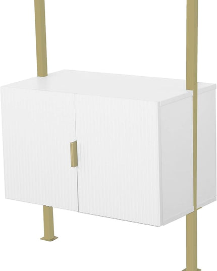 Nathan James Theo Mid-Century Modern Bookcase with Cabinet Fluted Texture, White Open Shelves and Brass Metal Frame Living Room, Home Office Storage - LeafyLoom