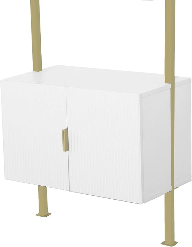 Nathan James Theo Mid-Century Modern Bookcase with Cabinet Fluted Texture, White Open Shelves and Brass Metal Frame Living Room, Home Office Storage - LeafyLoom