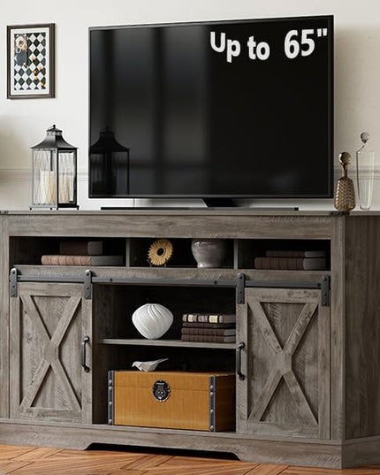 Farmhouse TV Stand with Sliding Barn Door for TVs up to 65+ Inch, 34" Tall Entertainment Center, Wood Media Console Storage Cabinet for Bedroom, Living Room, Light Grey - LeafyLoom