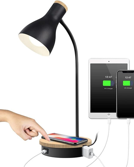 Metal Desk Lamp Wireless Charging Table Lamp Touch Reading Lights Arc Desk Lamps for Bedroom, 3 Way Dimmable Bedside Lamp with USB Charging Ports, Reading Lamp for Study Room and Office (Black-02) - LeafyLoom