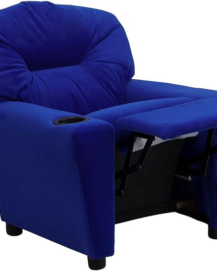 Flash Furniture Chandler Microfiber Kids Recliner with Cup Holder and Safety Recline, Contemporary Reclining Chair for Kids, Supports up to 90 lbs., Blue - LeafyLoom