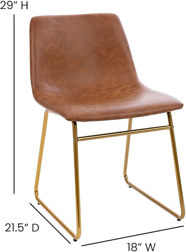 Flash Furniture Butler 18 Inch Commercial Grade LeatherSoft Dining Table Height Chair, Mid-Back Gold Sled Base with Light Brown LeatherSoft Upholstery, Set of 2 - LeafyLoom