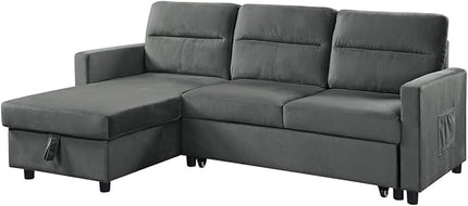 81.5'' L-Shape Convertible Sleeper Sectional Sofa with Storage Chaise and Pull-Out Bed, Button Tufted Backrest, Velvet Reversible Corner 3 Person Couch, for Living Room,Dark Gray - LeafyLoom