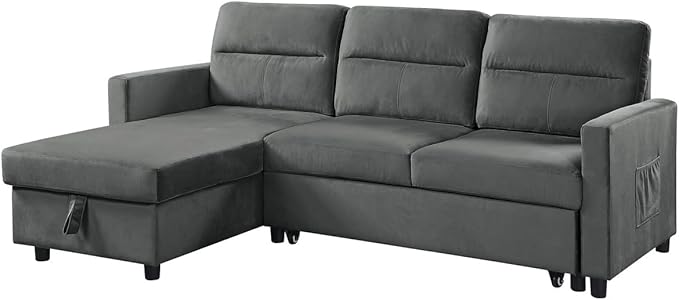 81.5'' L-Shape Convertible Sleeper Sectional Sofa with Storage Chaise and Pull-Out Bed, Button Tufted Backrest, Velvet Reversible Corner 3 Person Couch, for Living Room,Dark Gray - LeafyLoom