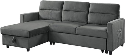 Velvet L-Shaped Sectional Sofa Sleeper with Storage Chaise & Side Pocket, Reversible 3 Seater Corner Couch with Pull Out Bed for Living Room Apartment Small Space, Dark Gray, 81.5 - LeafyLoom