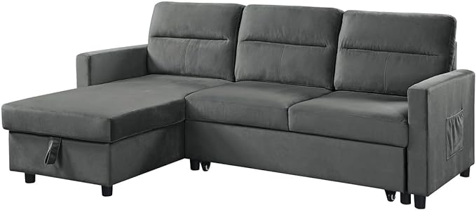 Velvet L-Shaped Sectional Sofa Sleeper with Storage Chaise & Side Pocket, Reversible 3 Seater Corner Couch with Pull Out Bed for Living Room Apartment Small Space, Dark Gray, 81.5 - LeafyLoom