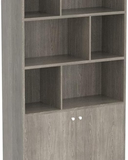 Modern Bookcase with 2 Doors, Shelf Organizer for Display, Wooden Bookshelf Library with 6 Storage Cabinet for Home Office (Gray Oak) - LeafyLoom