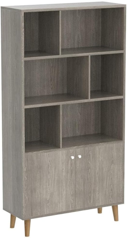 Modern Bookcase with 2 Doors, Shelf Organizer for Display, Wooden Bookshelf Library with 6 Storage Cabinet for Home Office (Gray Oak) - LeafyLoom