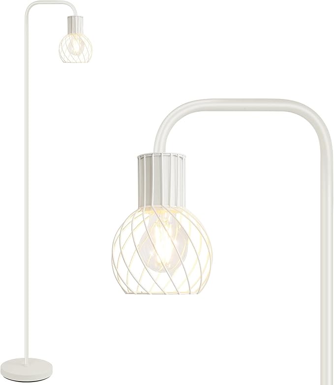Industrial Floor Lamp, White Standing Lamp Modern with 6W LED Bulb, Foot Switch, Metal Tall Floor Lamps for Living Room, Bedroom, Office, Den, Vintage Stand Up Light, Minimalist Mid Century Pole Lamp - LeafyLoom