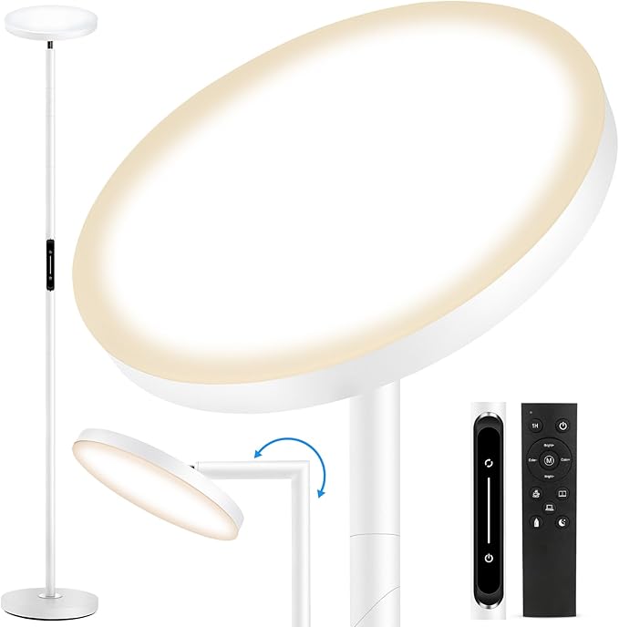 OUTON LED Torchiere Floor Lamp, Bright Dimmable Standing Lamp with Remote Touch Control, 4 Color Temperature, Memory Function, Timer for Living Room, Bedroom Office (Pearl White) - LeafyLoom