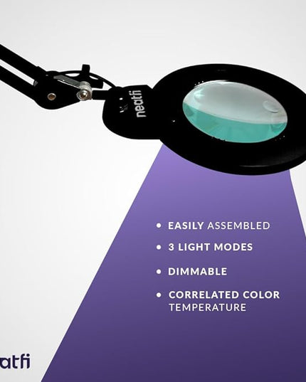 Neatfi XL Bifocals 1,200 Lumens Super LED Magnifying Lamp with Clamp, 3 Light Modes, Correlated Color Temperature Control (3000K-4500K-6000K), 12W, 120 Pcs SMD LED (Black, 6 Inch Lens) - LeafyLoom