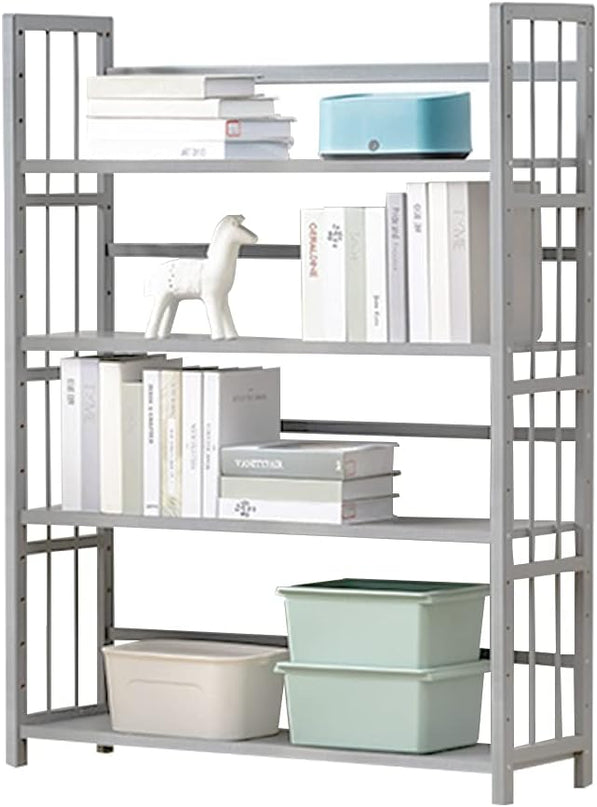 IOTXY Adjustable Bamboo Open Bookshelf - Large 4-Tier Free Standing Storage Rack, Multifunctional Display Stand for Bookcase, Home and Office, Light Grey - LeafyLoom