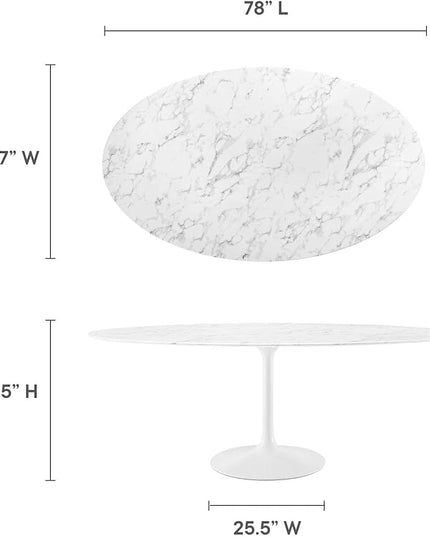 Modway Lippa 78" Oval-Shaped Mid-Century Modern Dining Table with Artificial Marble Top and White Base - LeafyLoom
