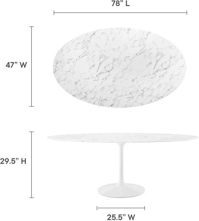 Modway Lippa 78" Oval-Shaped Mid-Century Modern Dining Table with Artificial Marble Top and White Base - LeafyLoom
