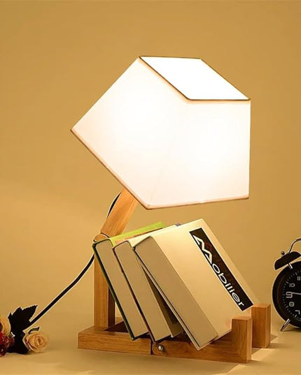 ELINKUME Cute Robot Desk Lamp,Dimmable Bedside Table Lamps,Square Lampshade Night Light with Foldable Solid Wood Body,Fun Kids Lamp, Nightstand lamp for Bedroom,Study,Office,Living room(Gift) - LeafyLoom