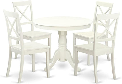 East West Furniture ANBO5-LWH-W Antique 5 Piece Dinette Set for 4 Includes a Round Kitchen Table with Pedestal and 4 Dining Chairs, 36x36 Inch - LeafyLoom