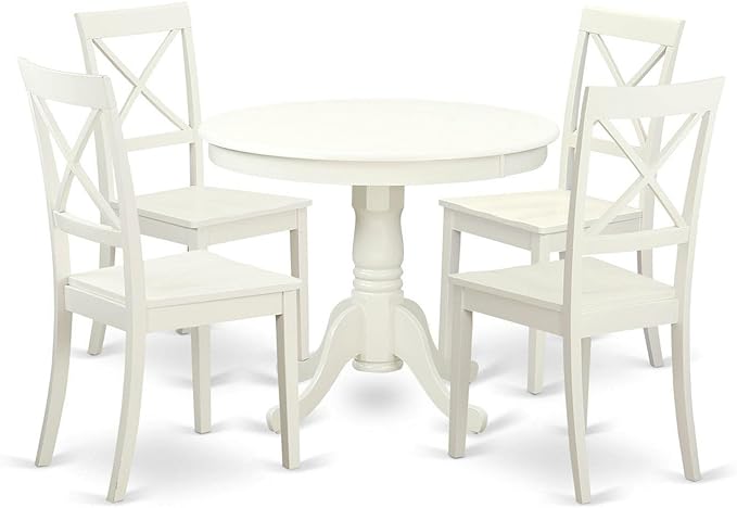 East West Furniture ANBO5-LWH-W Antique 5 Piece Dinette Set for 4 Includes a Round Kitchen Table with Pedestal and 4 Dining Chairs, 36x36 Inch - LeafyLoom