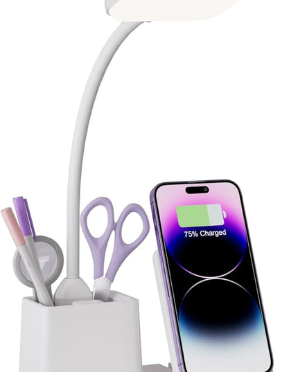 Sailstar Desk Lamp with Wireless Charger & USB Charging Port, LED Desk Lamps for Home Office, 800LM, 3 Lighting Modes, Dimmable, Pen Holder, 360°Gooseneck Desk Light for College Dorm Room - LeafyLoom