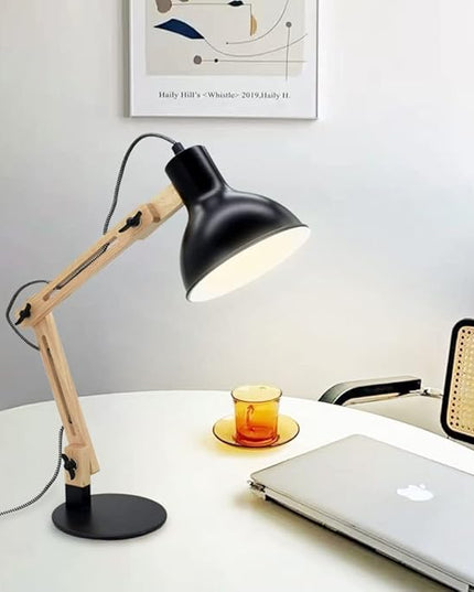 DLLT Swing Arm Desk Lamp, Wood Adjustable Gooseneck Table Lamp, Modern Architect Desk Light, Reading Light for Work, Study, Bedroom, Home Office, College Dorm, Black Metal Shade, E26 Bulb Included - LeafyLoom