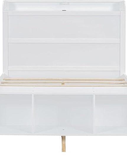Merax Full Size Bed Frame with Storage,Kids Platform Bed with Cabinets and Shelves On Headboard and Footboard,Bookcase Headboard & USB Ports - LeafyLoom