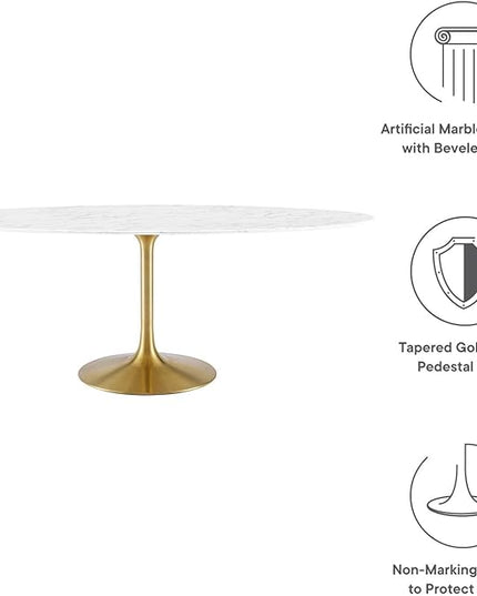 Modway Lippa 78" Oval-Shaped Mid-Century Modern Dining Table with Artificial Marble Top and Gold Base - LeafyLoom