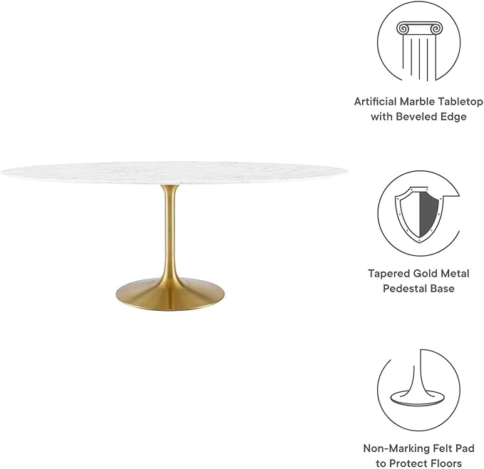 Modway Lippa 78" Oval-Shaped Mid-Century Modern Dining Table with Artificial Marble Top and Gold Base - LeafyLoom