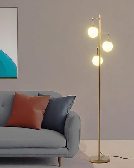 Modern Gold Globe Floor Lamp with 3 Frosted Orb Glass Shade and 3000K LED Bulbs, Mid Century Standing Lamp, Farmhouse Retro Tall Lamp for Living Room Bedroom - LeafyLoom