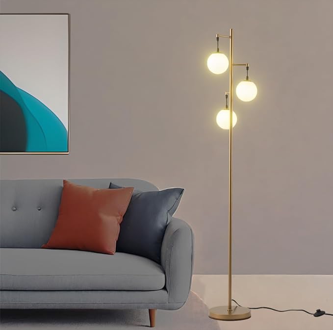 Modern Gold Globe Floor Lamp with 3 Frosted Orb Glass Shade and 3000K LED Bulbs, Mid Century Standing Lamp, Farmhouse Retro Tall Lamp for Living Room Bedroom - LeafyLoom