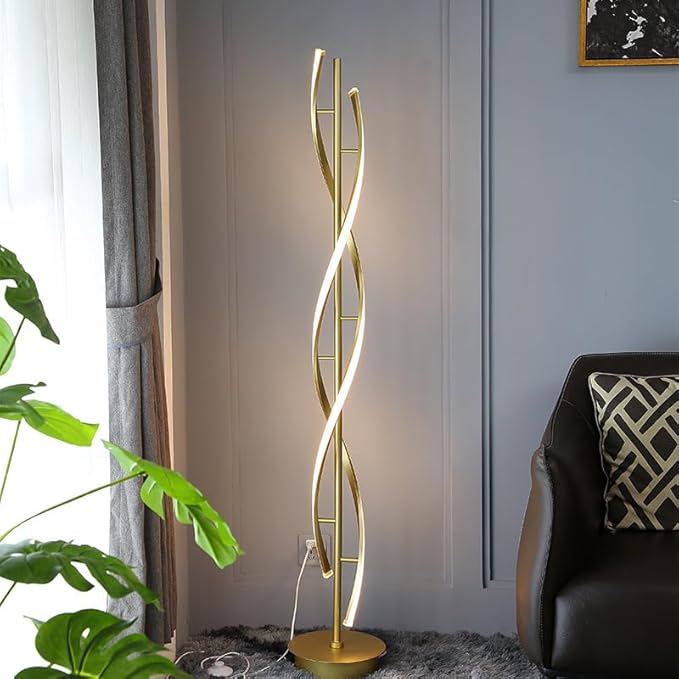 LED Modern Floor Lamp for Living Room, 40W 3 Colors Stepless Dimmable and Color-Changing Bright Floor Standing Lamp,60" Unique Spiral Floor Tall Lamp for Bedroom Office with Remote,Gold - LeafyLoom