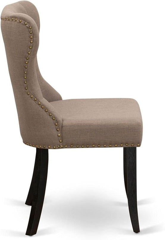 East West Furniture SIP6T48 Sion Parson Dining Room Button Tufted Nailhead Trim Coffee Linen Fabric Padded Chairs, Set of 2, Wirebrushed Black - LeafyLoom