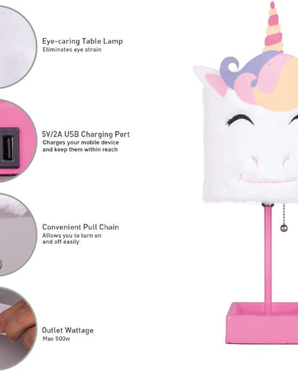 Table Lamp Cute Unicorn Plush Shade Desk Lights for Gifts with 2 USB Charging Ports and 1 Power Outlet for Bedroom Reading & Living Room - LeafyLoom