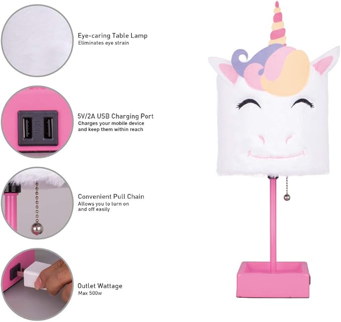 Table Lamp Cute Unicorn Plush Shade Desk Lights for Gifts with 2 USB Charging Ports and 1 Power Outlet for Bedroom Reading & Living Room - LeafyLoom