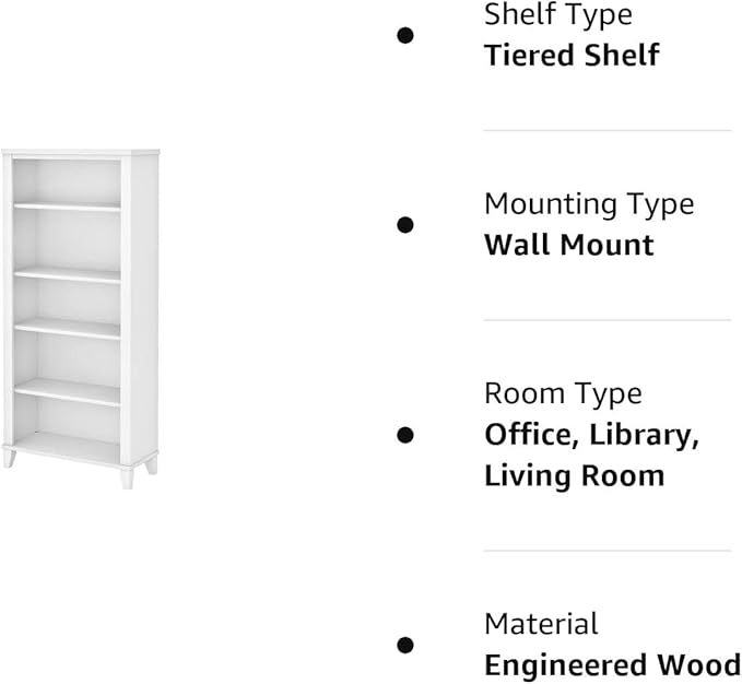 Bush WC81965 Somerset 5-Shelf 65-Inch H Bookcase, White - LeafyLoom