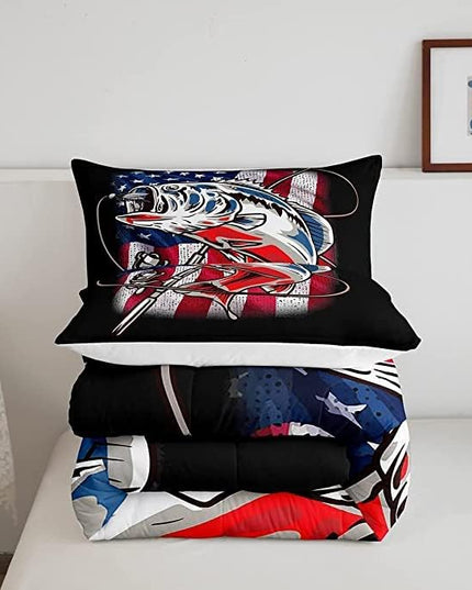 Fishing Comforter King Bass Fish American Flag Bedding Set Farmhouse Pike Fishing Comforter Set for Kids Boys Girls Teens Room Wild Fish Decor Red Blue Stripe Quilt Down Comforter Boys - LeafyLoom